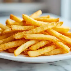 Złociste frytki z airfryer na białym talerzu, idealne na szybką przekąskę.