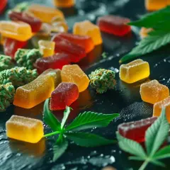 Bunte Hanf Gummibärchen und Cannabis-Blätter auf dunklem Untergrund. Viele positive Hanf Gummibärchen Erfahrungen werden hier geteilt.