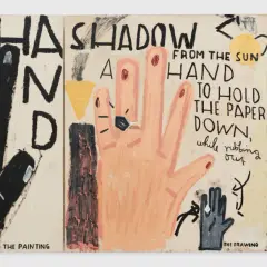 Rose Wylie's triptych features bold, childlike paintings of hands, text, and abstract shapes, exploring themes of art and perception.