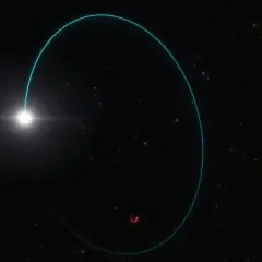 Jasna gwiazda i czerwony dysk, być może czarna dziura Gaia BH1, na tle gwieździstego nieba.