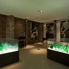 Vetrina con bottiglie verdi illuminate, un'esposizione che racconta cosa vedere a Empoli, tra storia e arte del vetro.