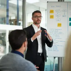 Mężczyzna w garniturze, koordynator projektu, wyjaśnia schemat na tablicy podczas spotkania.