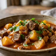 Un réconfortant goulasch de bœuf mijoté avec des pommes de terre, garni de persil frais, servi dans un bol rustique.