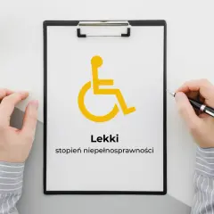 Na kartce widnieje symbol osoby na wózku inwalidzkim i napis "Lekki stopień niepełnosprawności".