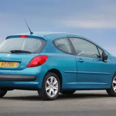 Niebieski Peugeot 207 z tyłu, gotowy do jazdy. Pamiętaj o sprawdzeniu ciśnienia w oponach dla bezpieczeństwa.