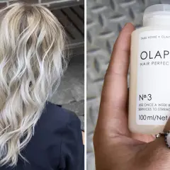 Blont, vågigt hår och en flaska Olaplex No. 3. Vissa upplever biverkningar av Olaplex, men många älskar resultatet.