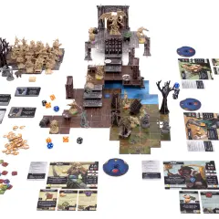 Figurki i plansza do gry planszowej "Descent: Legendy Mroku". Bohaterowie walczą z potworami w mrocznych lochach.