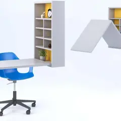 Muebles para manualidades: un escritorio blanco con estantería integrada y una silla azul. Otra estantería se pliega como techo.
