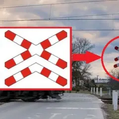 Krzyż świętego Andrzeja co oznacza? To znak ostrzegawczy przed przejazdem kolejowym. Na obrazie widać schemat i rzeczywisty znak.