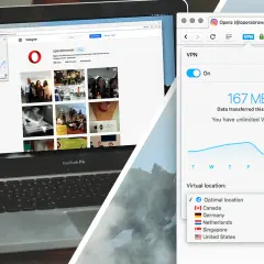 Laptop z przeglądarką Opera, pokazującą Instagram i włączony VPN. Możliwość wyboru lokalizacji wirtualnej.