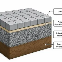 Warstwy pod kostkę brukową: podsypka, podbudowa z kruszywa i zagęszczony grunt. Suchy beton pod kostkę to klucz do trwałej nawierzchni.