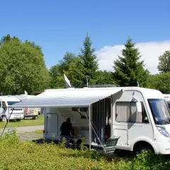 Słoneczny dzień na polu kempingowym w Kołobrzegu. Kampery zaparkowane wśród zieleni, rozłożone markizy.