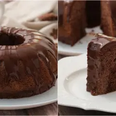 Un delizioso ciambellone al cioccolato, ricoperto da glassa lucida, pronto per essere gustato.