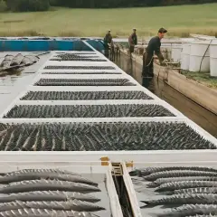 Des esturgeons dans un bassin d'élevage, alignés dans des bacs blancs. Des hommes travaillent à proximité, gérant cette ferme aquacole.