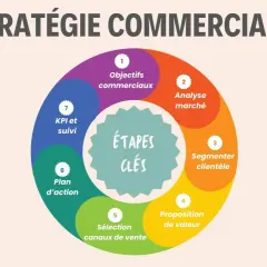 Schéma des étapes clés d'une stratégie commerciale : objectifs, analyse marché, segmentation clientèle, proposition de valeur, canaux de vente, plan d'action, KPI. Le marché cible est au cœur de cette démarche.