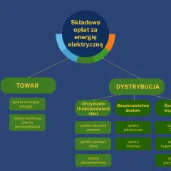 Schemat składników opłat za energię elektryczną: TOWAR (opłata za zużytą energię, opłata handlowa) i DYSTRYBUCJA (utrzymanie sieci, bezpieczeństwo dostaw, systemy wsparcia, w tym opłata mocowa).