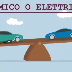 Bilancia tra auto elettrica in carica e auto a benzina con barile d'olio. La scelta per il 2035 auto.