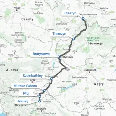 Trasa z Cieszyna przez Bratysławę, Szombathely, Ptuj do Macelja. Zastanawiasz się, ile kilometrów jest do Chorwacji? Mapa pokazuje drogę przez Słowację i Słowenię.
