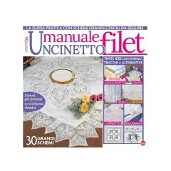 Copertina di manuale di uncinetto filet con schemi e idee per creare centrini, tende e copriletti.