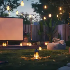 Magiczne kino letnie w ogrodzie. Ekran, wygodne pufy i lampiony tworzą przytulną atmosferę.