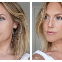 Före och efter-bilder på en kvinna. Efter-bilden visar hur en kall bronzer ger en solkysst look och framhäver kindbenen.