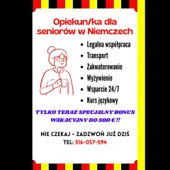 Praca w Niemczech z zakwaterowaniem i wyżywieniem dla opiekunów seniorów. Legalna współpraca, transport, wsparcie 24/7, kurs językowy. Bonus wakacyjny! Zadzwoń!