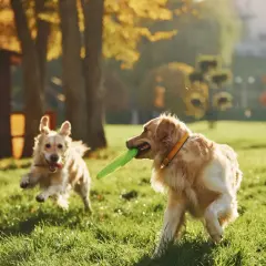 Dwa psy biegają po trawie, jeden z nich trzyma zielony sizarol w pysku. Słońce oświetla ich sierść.