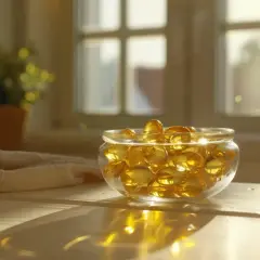 Szklana miseczka pełna złotych kapsułek, część codziennej rutyny. Światło słoneczne odbija się od nich, tworząc ciepłą atmosferę.