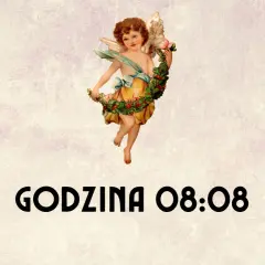Aniołek z wiankiem, otoczony kwiatami, na tle z napisem "GODZINA 08:08". 0808 znaczenie to czas na marzenia.