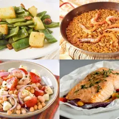 Cuatro deliciosas recetas para tu fin de semana: judías con patatas, paella, ensalada de legumbres y salmón al horno.