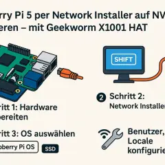 Raspberry Pi 5 mit Geekworm X1001 HAT für ein NAS vorbereiten. Installation per Network Installer auf NVMe SSD.