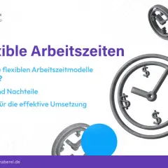 Flexible Arbeitszeiten statt starre Arbeitszeit: Die Grafik zeigt Uhren mit Dollarzeichen, die für flexible Modelle, Vorteile und Tipps werben.