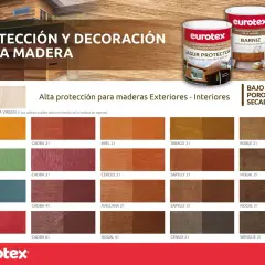Muestras de colores de barniz para madera, con latas de producto Eurotex. Protección y decoración para exteriores e interiores.
