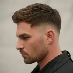 Un homme avec une coupe homme vers l'avant, dégradé sur les côtés. Cheveux bruns ondulés, barbe courte.