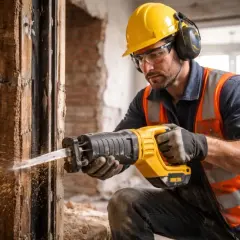Un ouvrier utilise une scie sabre pour démolir une structure en bois. Cet outil est parfait pour ce genre de travaux.