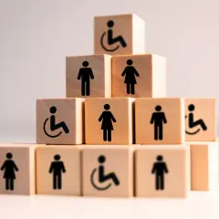 Drewniane klocki tworzą piramidę z symbolami osób, w tym wózka inwalidzkiego, symbolizującymi umiarkowany stopień niepełnosprawności i równość.