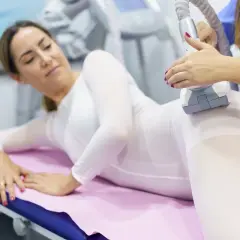 Kobieta w białym kombinezonie leży na kozetce, a kosmetyczka wykonuje zabieg endermologii. To nowoczesny icoon piękna.