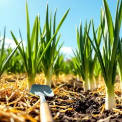 Jeunes poireaux plantés dans un sol riche, paillis de paille et petite pelle. Idéal pour savoir quand planter les poireaux.