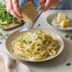 Ser Grana Padano dodaje wyśmienitego smaku kremowemu makaronowi. Idealny do posypania dania.
