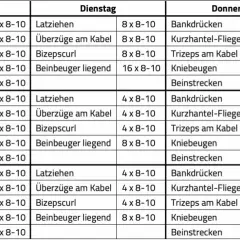 Trainingsplan für Gruppe 1 und 2, mit Übungen wie Bankdrücken und Kniebeugen, jeweils 2 Mal die Woche.