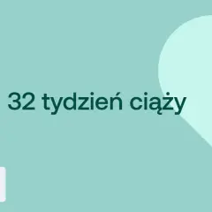 32 tydzień ciąży, czyli 8 miesiąc. Serce i ikony D+ oraz kobiety w ciąży na tle w kolorze miętowym.