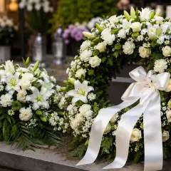 Elegancki wieniec i wiązanka pogrzebowa z białych róż i lilii, ozdobione zielenią i satynową wstęgą.