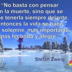 Paisaje invernal con cita de Stefan Zweig sobre la muerte: "No basta con pensar en la muerte, sino que se debe tenerla siempre delante. Entonces la vida se hace más solemne, más importante, más fecunda y alegre.