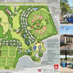 Plan kompleksu sportowego z boiskami, placem zabaw i parkiem wodnym.