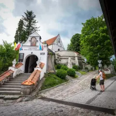 Sanktuarium na lubelszczyźnie, z kamiennymi schodami i brukowaną uliczką, gdzie ojciec pcha wózek.