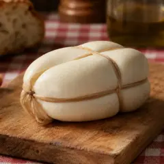 Formaggio provola legato con spago su tagliere di legno, accanto a pane e olio. Ricorda che la provola contiene lattosio.