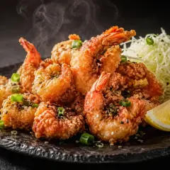 Steaming shrimp karaage, golden and crispy, piled high on a dark plate with shredded cabbage and a lemon wedge.