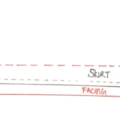 Diagram shows the hem of a skirt with facing. Dashed lines indicate stitching.