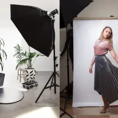 Przygotowania do sesji w domowym studio. Po lewej: rośliny i sprzęt oświetleniowy. Po prawej: modelka w eleganckiej stylizacji.
