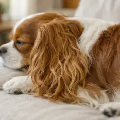 Spaniel Cavalier King Charles leżący na kanapie, z rudymi i białymi włosami.